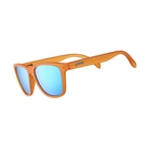 Angled View of Unisex Goodr The OG Sunglasses Donkey Goggles in Translucent Orange Frame with Blue Mirrored Lenses – featuring classic full-rim frame for vibrant style, polarized lenses for glare reduction, and lightweight design for all-day comfort.