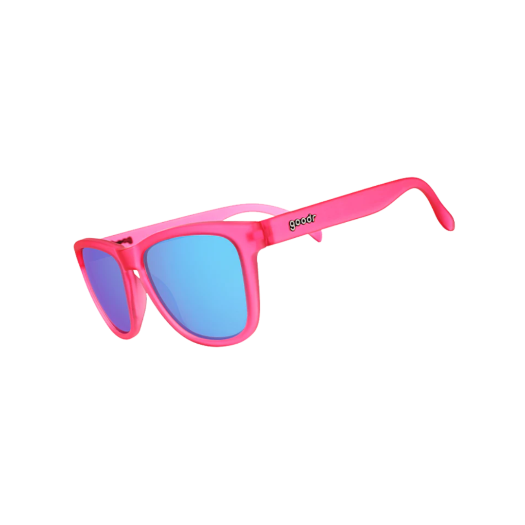 Angled view of unisex Goodr OG non-slip sunglasses in bright pink – featuring reflective lenses for high light, non-slip design with rubber temples, and bold pink frame for fashion-forward active wear.