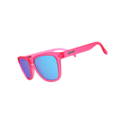 Angled view of unisex Goodr OG non-slip sunglasses in bright pink – featuring reflective lenses for high light, non-slip design with rubber temples, and bold pink frame for fashion-forward active wear.