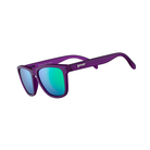 Angled view of unisex Goodr OG non-slip sunglasses in purple – featuring reflective lenses, flexible secure fit temples, lightweight sporty frame, and vibrant purple color perfect for outdoor activities.
