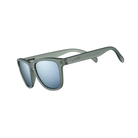 Angled View of Unisex Goodr The OG Sunglasses Going to Valhalla Witness in Frosted Gray Frame with Blue Mirrored Lenses – featuring classic full-rim frame for sleek style, polarized lenses for glare reduction, and lightweight design for comfortable all-day wear.