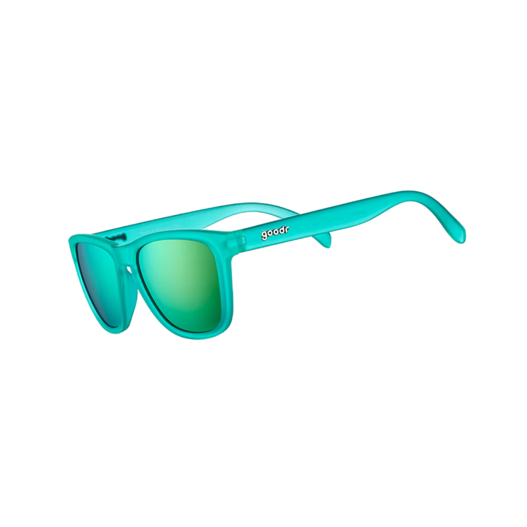 Angled view of unisex Goodr OG non-slip sunglasses in teal – featuring reflective lenses, lightweight frame, secure fit with rubberized arms, and vibrant teal color for standout look.