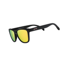 Angled View of Unisex Goodr The OG Sunglasses Professional Respawner in Matte Black Frame with Yellow Mirrored Lenses – featuring classic full-rim frame for sleek style, polarized lenses for glare reduction, and lightweight design for all-day comfort.