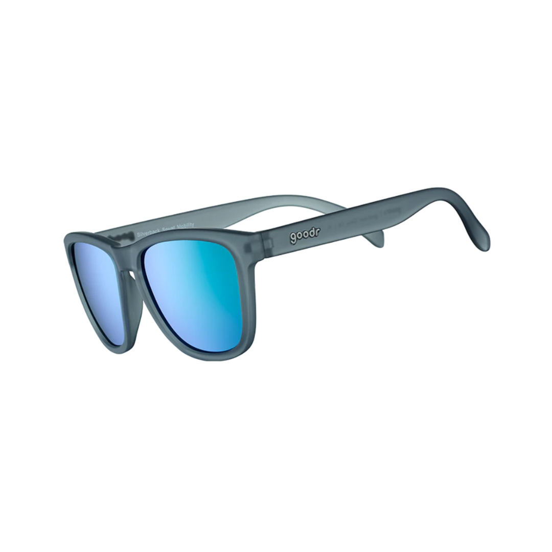 Angled view of unisex Goodr OG non-slip sunglasses in dark grey – featuring polarized lenses for enhanced clarity, snug non-slip fit with rubberized arms, lightweight frame built for active lifestyles, and sleek modern design.