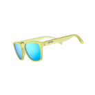 Angled View of Unisex Goodr The OG Sunglasses Swedish Meatball Hangover in Translucent Yellow Frame with Blue Mirrored Lenses – featuring classic full-rim frame for vibrant style, polarized lenses for glare protection, and lightweight construction for all-day comfort.
