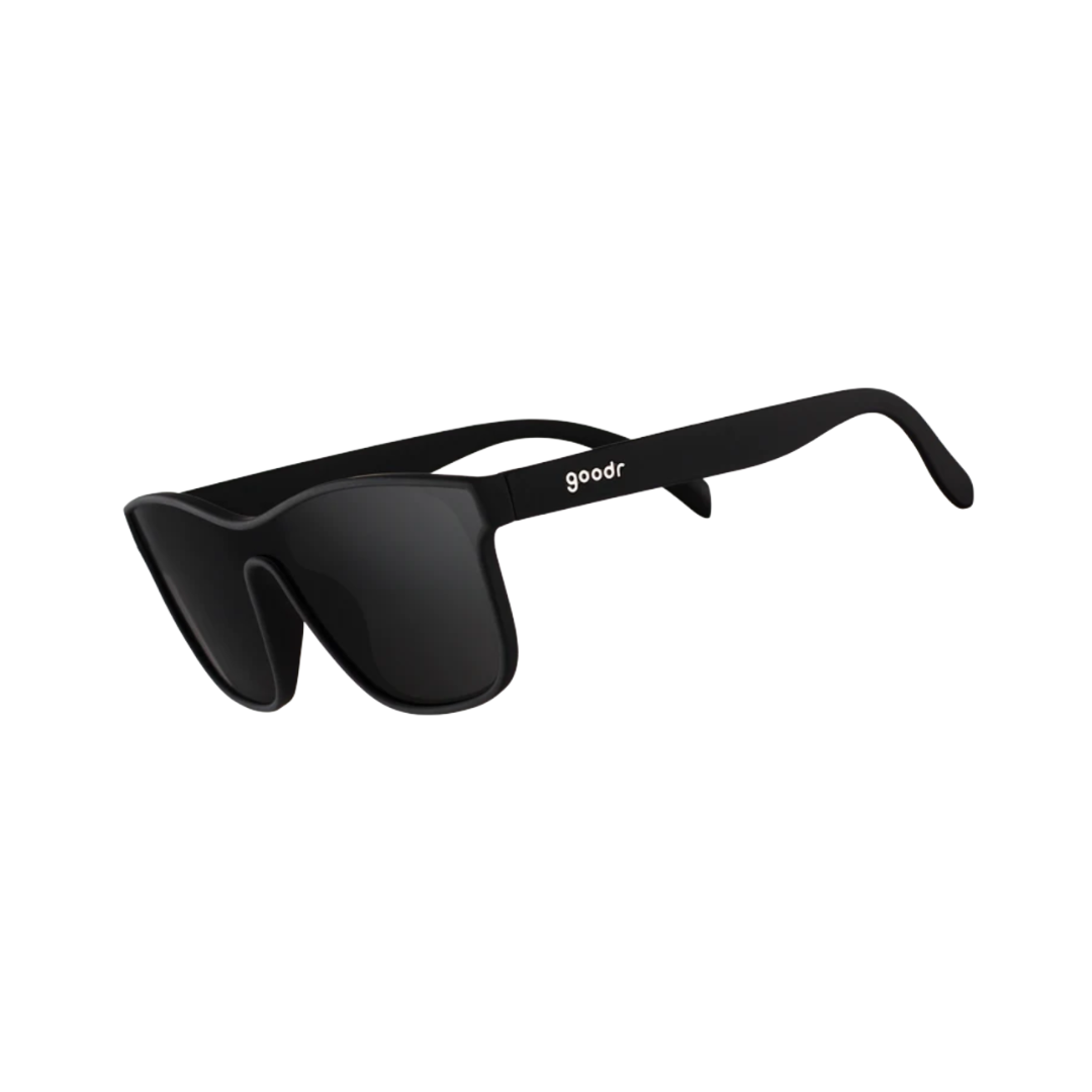Front View of Unisex Goodr VRG Sunglasses The Future is Void in Black Frame with Black Lenses – featuring sleek wraparound frame for maximum coverage, polarized lenses for glare protection, and lightweight design for comfortable wear.