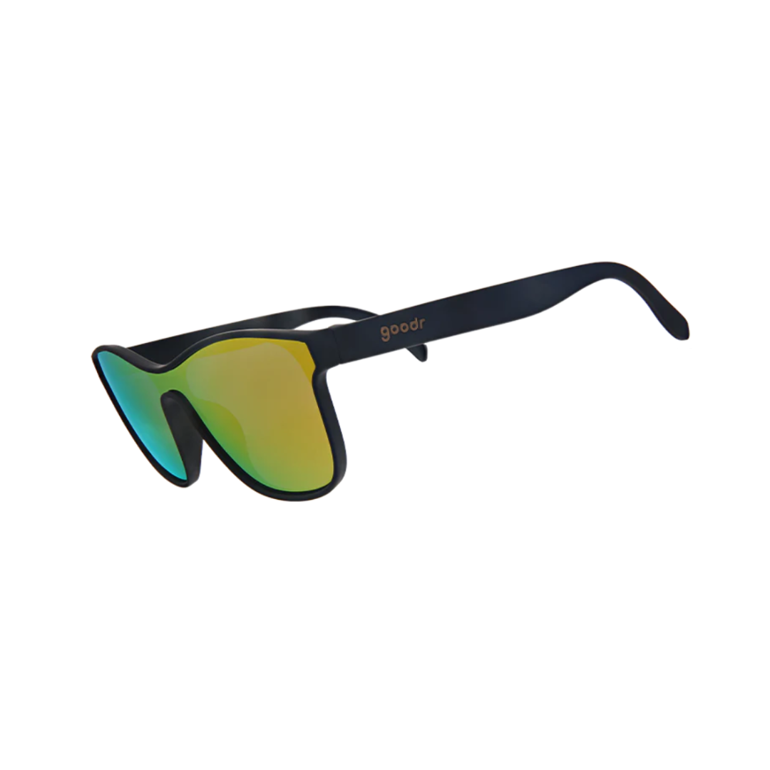 Angled View of Unisex Goodr VRG Sunglasses From Zero to Blitzed in Matte Black Frame with Yellow-Green Mirrored Lenses – featuring aerodynamic wraparound frame for active performance, polarized lenses for glare reduction, and lightweight design for all-day comfort.