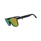 Angled View of Unisex Goodr VRG Sunglasses From Zero to Blitzed in Matte Black Frame with Yellow-Green Mirrored Lenses – featuring aerodynamic wraparound frame for active performance, polarized lenses for glare reduction, and lightweight design for all-day comfort.