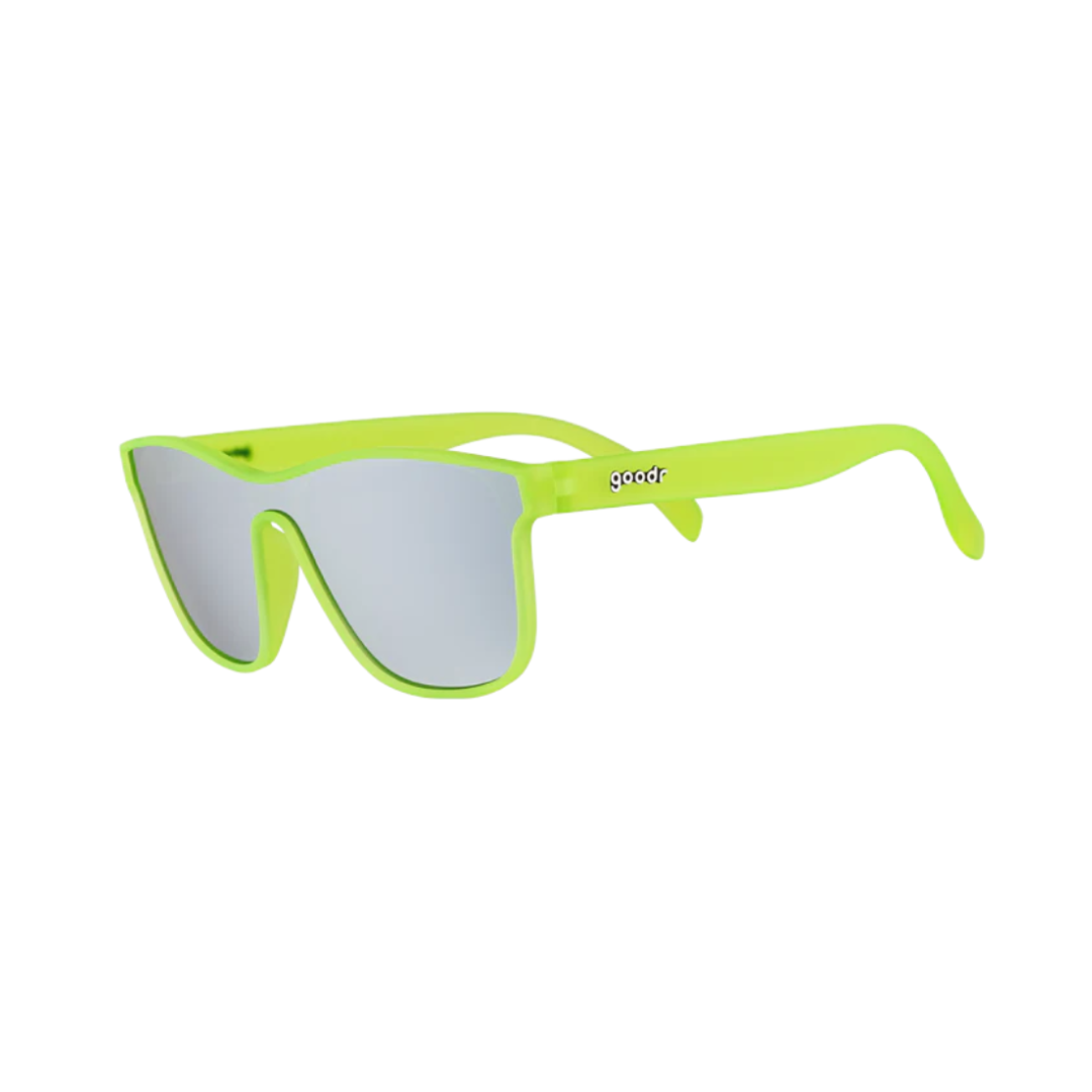 Angled View of Unisex Goodr VRG Sunglasses Naeon Flux Capacitor in Neon Green Frame with Silver Mirrored Lenses – featuring vibrant wraparound frame for a bold look, polarized lenses for glare protection, and lightweight construction for active wear.