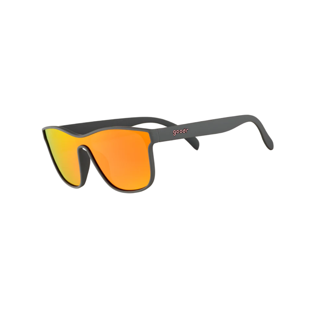 Angled View of Unisex Goodr VRG Sunglasses Voight-Kampff Vision in Matte Black Frame with Orange Mirrored Lenses – featuring sleek aerodynamic wraparound frame for maximum coverage, polarized lenses for glare reduction, and lightweight construction for all-day comfort.