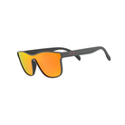 Angled View of Unisex Goodr VRG Sunglasses Voight-Kampff Vision in Matte Black Frame with Orange Mirrored Lenses – featuring sleek aerodynamic wraparound frame for maximum coverage, polarized lenses for glare reduction, and lightweight construction for all-day comfort.