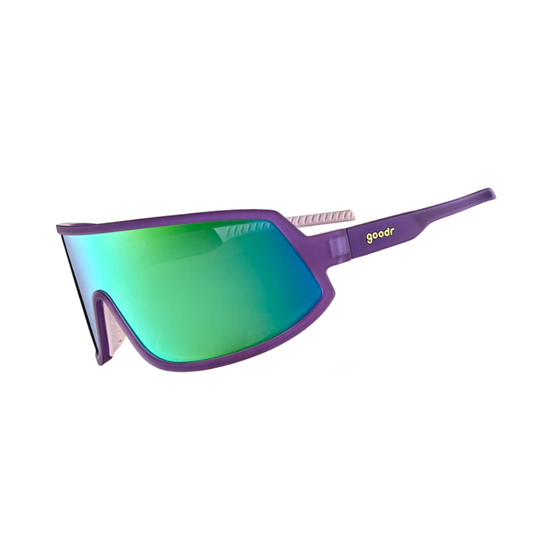 Angled view of unisex Goodr Wrap G non-slip sunglasses in purple – featuring reflective lenses, flexible secure fit, lightweight frame, and bold purple styling.