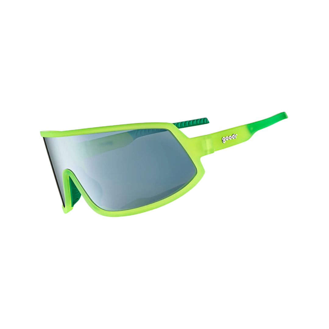 Angled View of Unisex Goodr Wrap G Sunglasses Nuclear Gnar in Neon Green Frame with Grey Mirrored Lenses – featuring sporty wraparound frame for active performance, polarized lenses for glare reduction, and lightweight construction for comfortable wear.