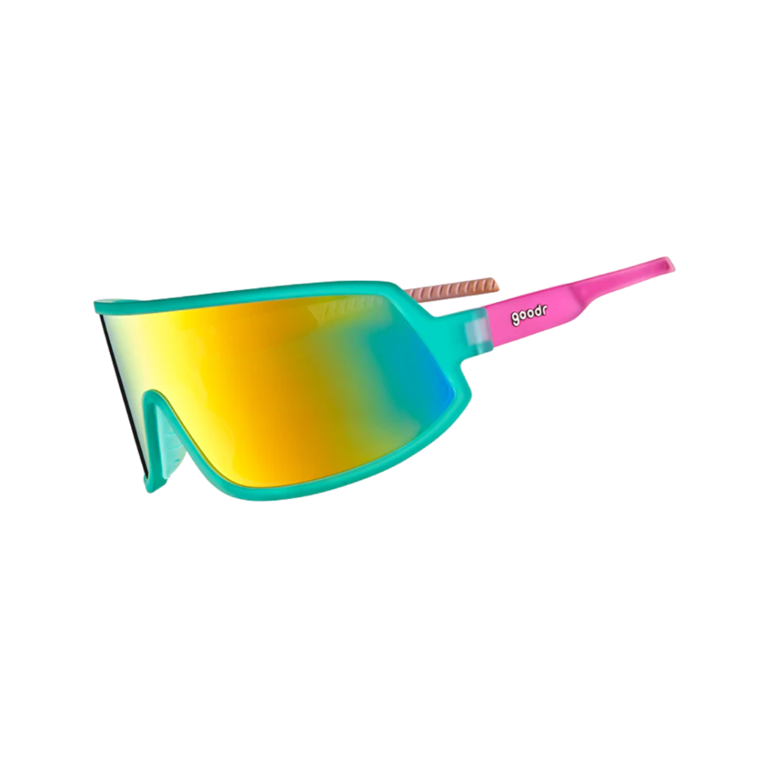 Angled View of Unisex Goodr Wrap G Sunglasses Save A Bull Ride a Rodeo Clown in Teal and Pink Frame with Yellow Mirrored Lenses – featuring sporty wraparound frame for full coverage, polarized lenses for glare reduction, and lightweight design for comfortable wear.