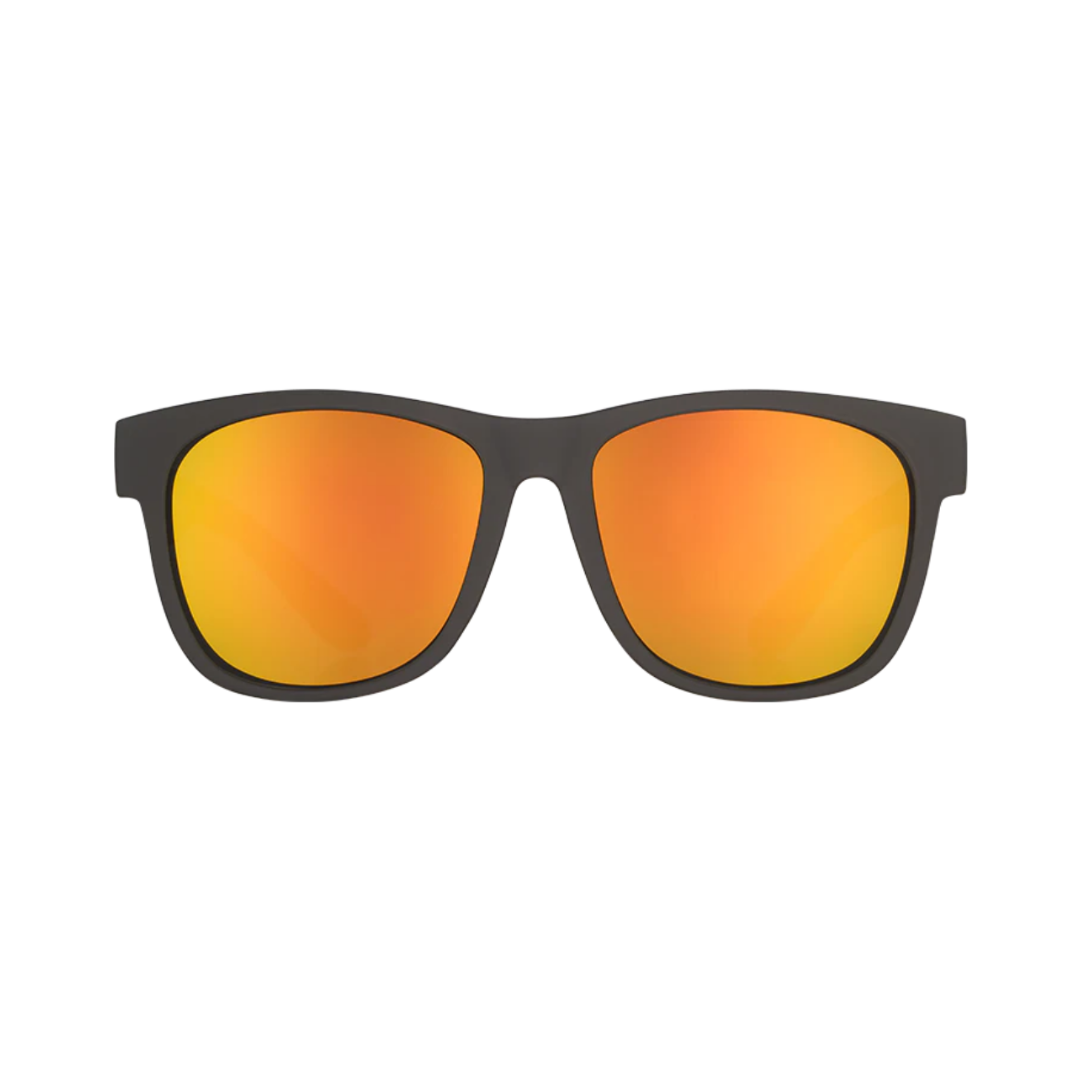 Front View of Unisex Goodr BFG Sunglasses in Beelzebub’s Bourbon Burpees colorway – featuring larger frame for wider fit, polarized lenses for glare reduction, and no-slip nose grips for high-intensity comfort.