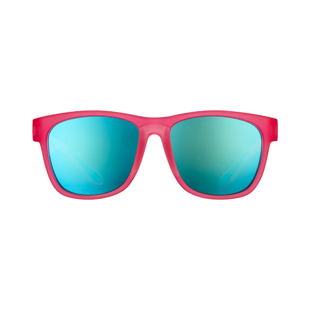 Front View of Unisex Goodr BFG Sunglasses in Do You Even Pistol Flamingo colorway – featuring large frame for extended coverage, polarized lenses for glare protection, and secure no-slip grips for active wear.