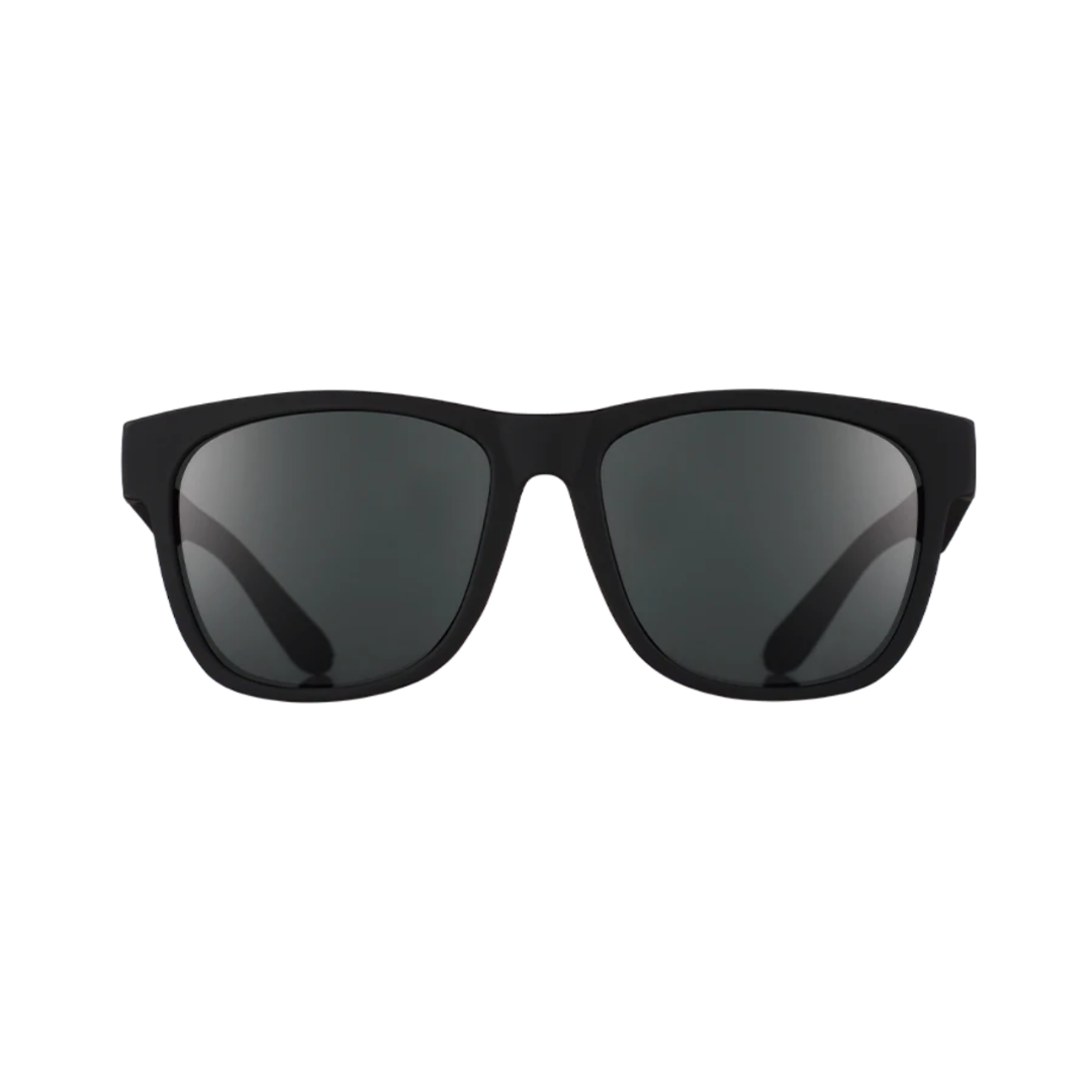 Front View of Unisex Goodr BFG Sunglasses in Hooked on Onyx colorway – featuring oversized frame for maximum coverage, polarized lenses for glare reduction, and no-slip nose and temple grips for active comfort.