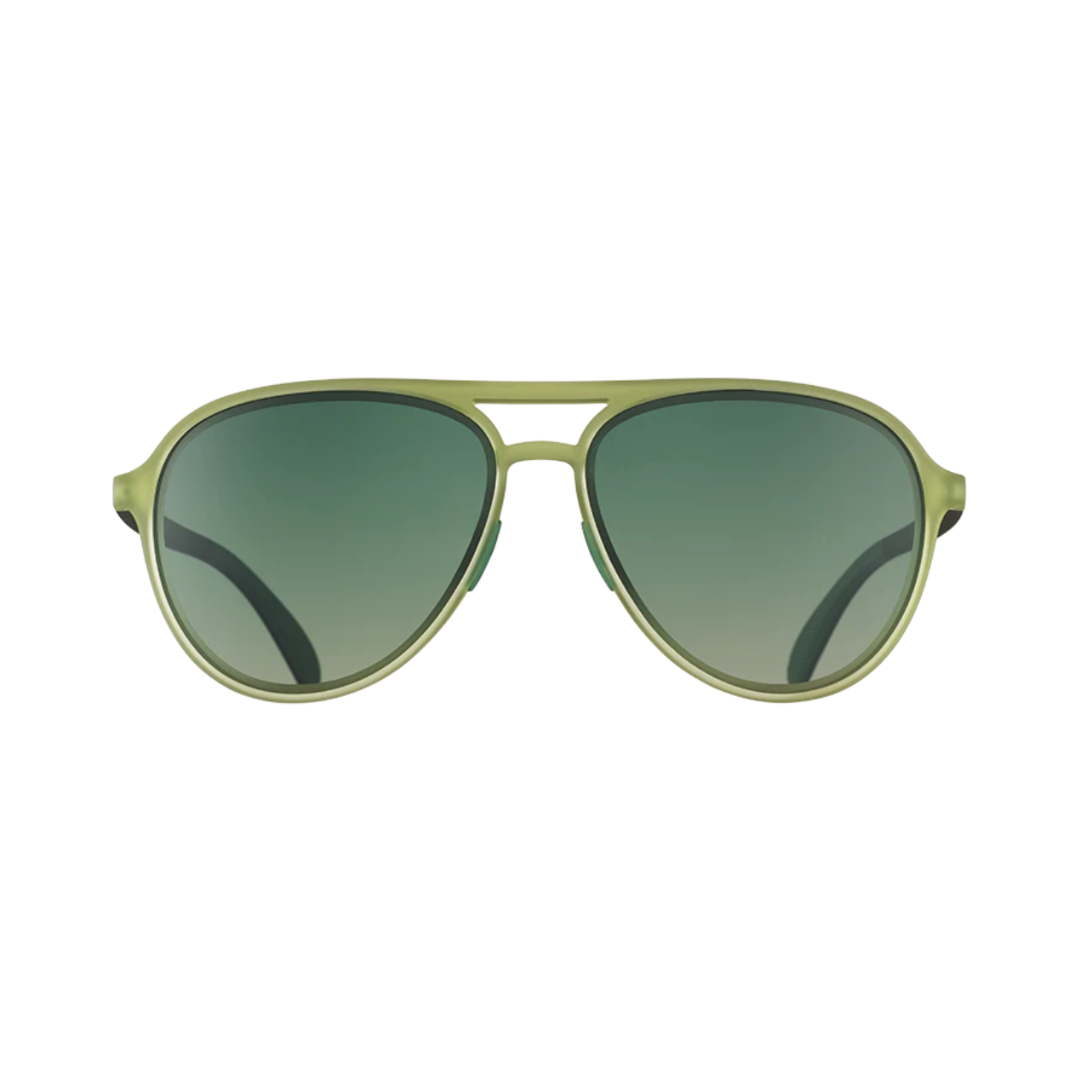 Front View of Unisex Goodr Mach G Sunglasses Buzzed on the Tower in Matte Olive Green Frame with Green Gradient Lenses – featuring aviator-style full-rim frame for classic style, polarized lenses for glare reduction, and lightweight design for all-day comfort.