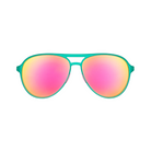 Front View of Unisex Goodr Mach G Sunglasses Kitty Hawkers Ray Blockers in Teal Frame with Pink Mirrored Lenses – featuring aviator-style full-rim frame for vibrant style, polarized lenses for glare reduction, and lightweight construction for all-day comfort.