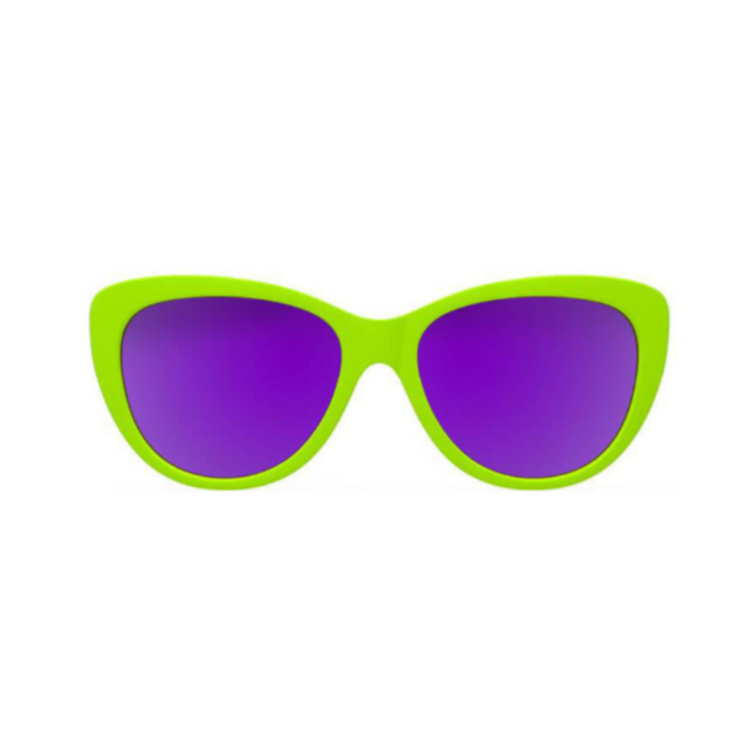Front View of Unisex Goodr Runways Sunglasses in Total Lime Piece colorway – featuring chic cat-eye frame for a fashionable fit, polarized lenses for glare protection, and lightweight design for stylish all-day wear.