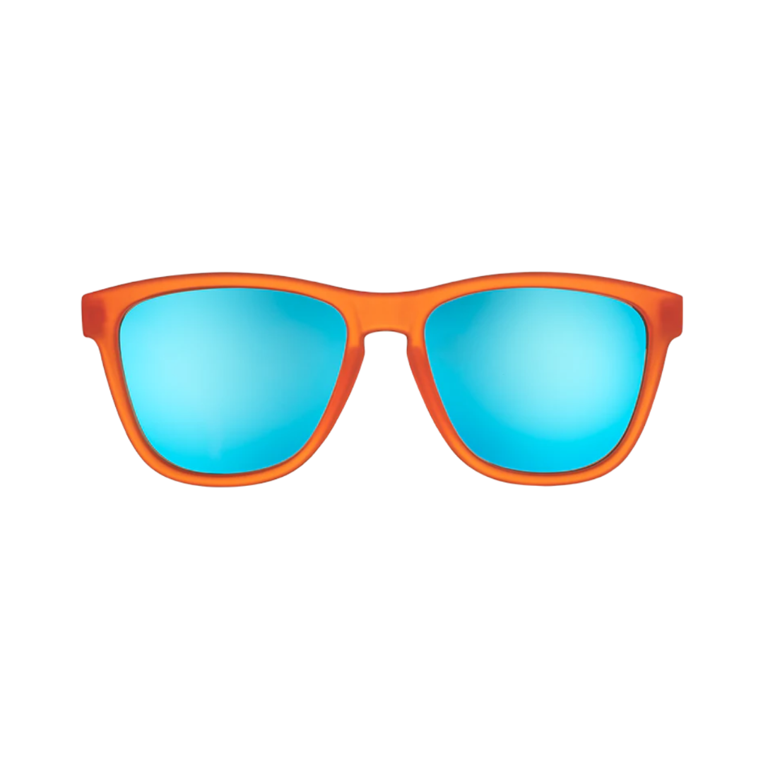 Front View of Unisex Goodr The OG Sunglasses Donkey Goggles in Orange and Blue – featuring classic full-rim frame for a stylish look, polarized lenses for glare reduction, and lightweight design for all-day comfort.