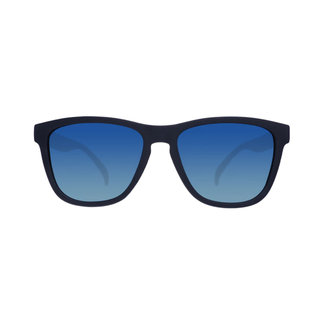 Front View of Unisex Goodr The OG Sunglasses in Drinks Seawater Sees Future colorway – featuring mirrored polarized lenses for glare protection, lightweight frame for active comfort, and classic shape for everyday wear.