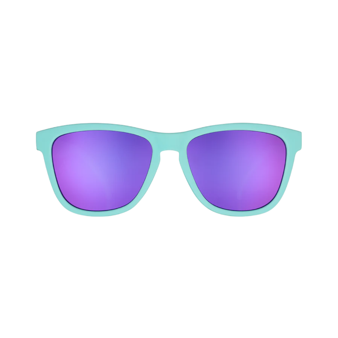 Front View of Unisex Goodr The OG Sunglasses Electric Dinotopia Carnival in Bright Multicolor – featuring classic full-rim frame for bold style, polarized lenses for glare protection, and lightweight build for comfortable wear.