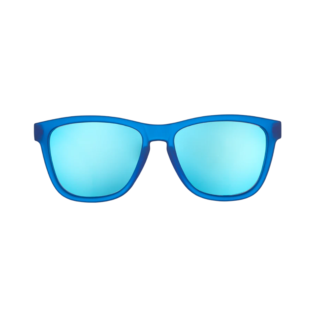 Front View of Unisex Goodr The OG Sunglasses Falkor’s Fever Dream in Blue – featuring classic full-rim frame for eye-catching style, polarized lenses for glare protection, and lightweight construction for comfortable wear.