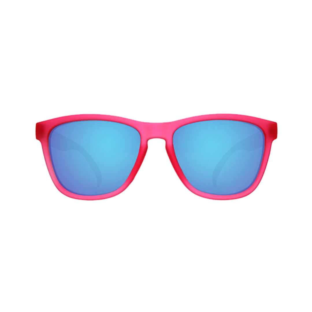 Front View of Unisex Goodr The OG Sunglasses Flamingos on a Booze Cruise in Bright Pink – featuring classic full-rim frame for vibrant style, polarized lenses for glare protection, and lightweight construction for comfortable wear.