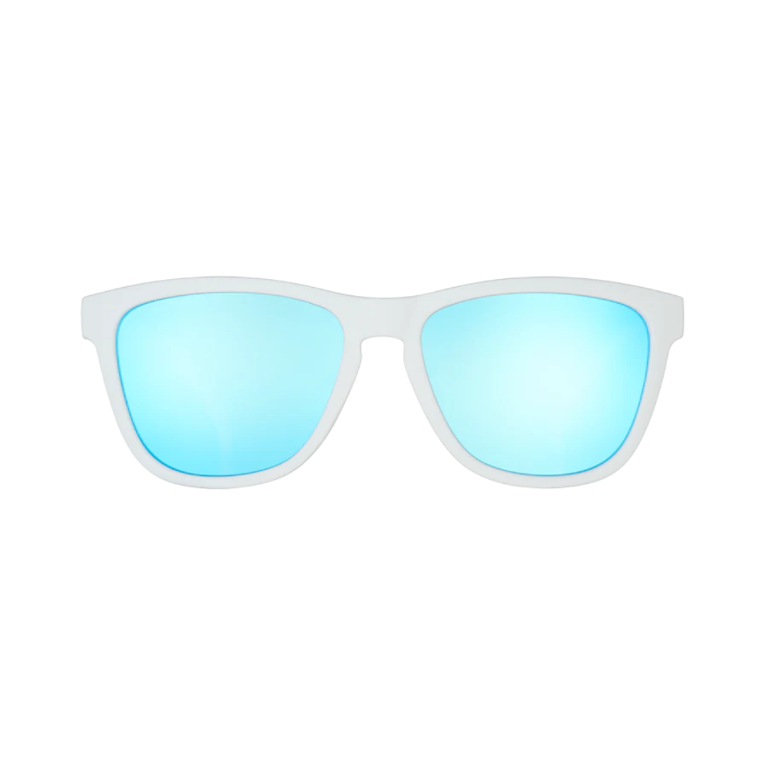 Front View of Unisex Goodr The OG Sunglasses Iced by Yetis in White and Blue – featuring classic full-rim frame for fresh style, polarized lenses for glare reduction, and lightweight design for all-day comfort.