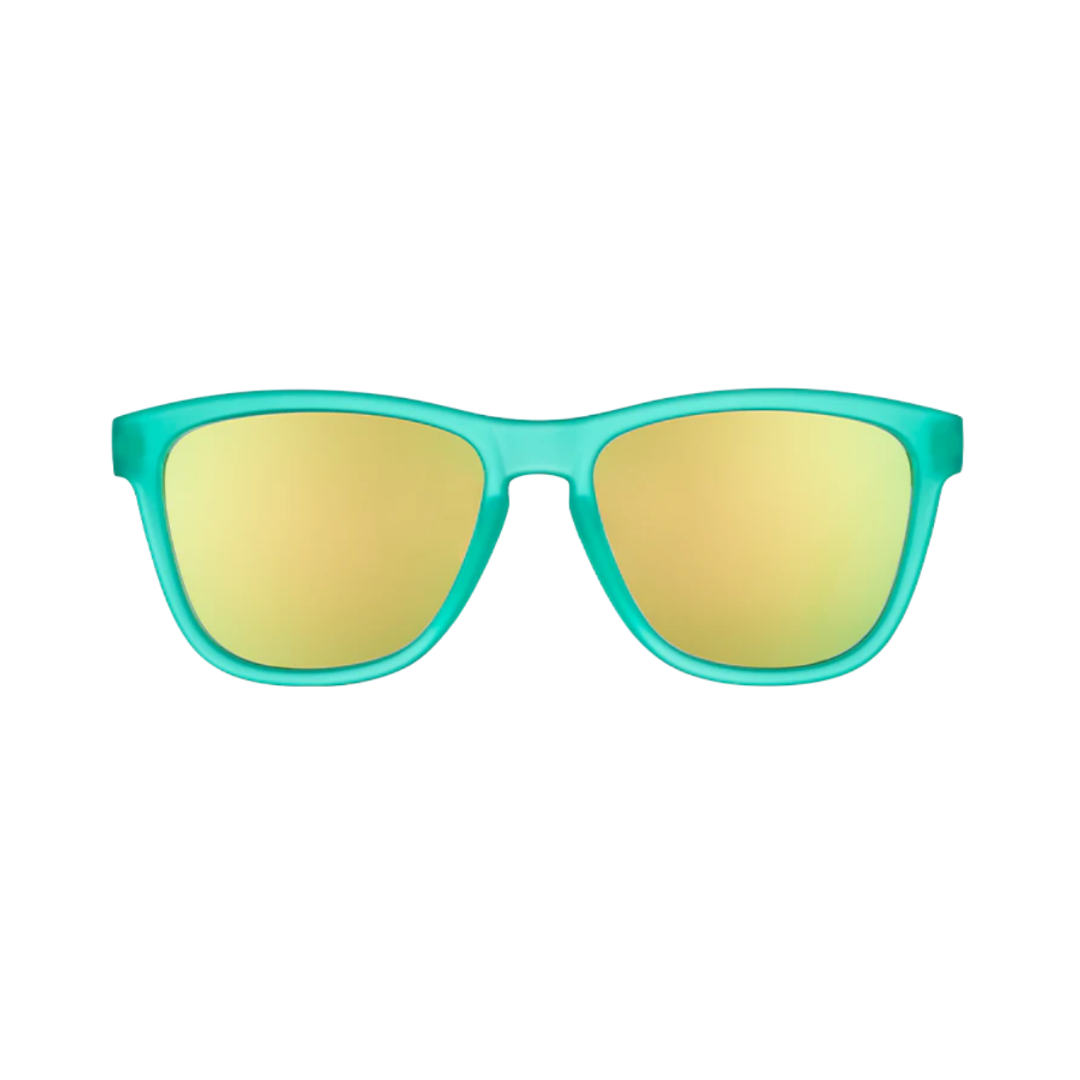 Front View of Unisex Goodr The OG Sunglasses Nessy’s Midnight Orgy in Teal Frame with Gold Mirrored Lenses – featuring classic full-rim frame for vibrant style, polarized lenses for glare reduction, and lightweight construction for comfortable all-day wear.