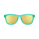 Front View of Unisex Goodr The OG Sunglasses Nessy’s Midnight Orgy in Teal Frame with Gold Mirrored Lenses – featuring classic full-rim frame for vibrant style, polarized lenses for glare reduction, and lightweight construction for comfortable all-day wear.