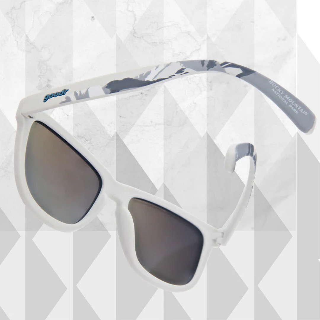 Angled View of Unisex Goodr The OG Sunglasses in Rocky Mountain National Park colorway – featuring a snug, no-bounce fit for active movement, polarized lenses for glare-free clarity, and lightweight frame for everyday comfort.