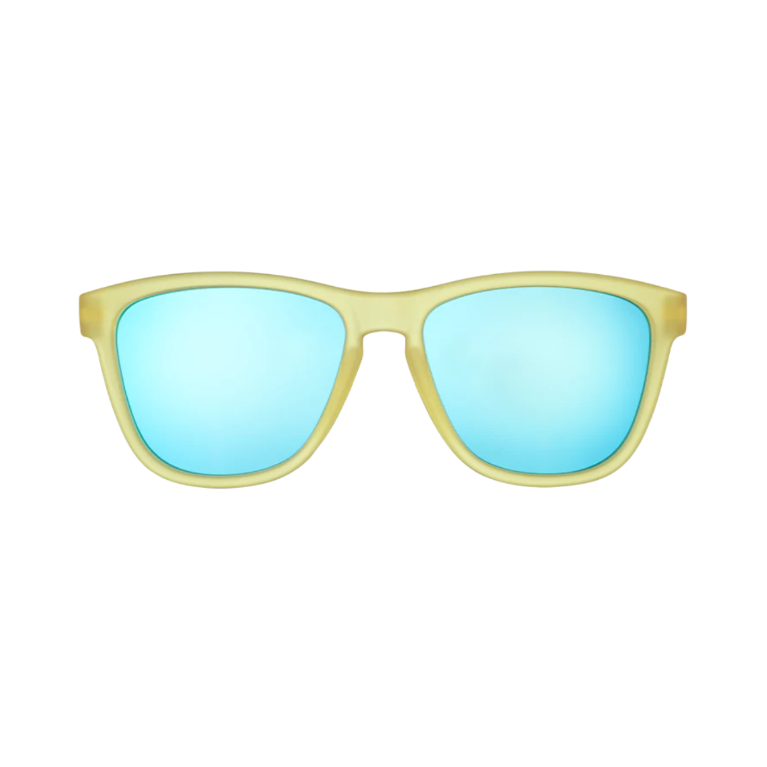 Front View of Unisex Goodr The OG Sunglasses Swedish Meatball Hangover in Yellow and Blue – featuring classic full-rim frame for bold style, polarized lenses for glare protection, and lightweight construction for comfortable wear.