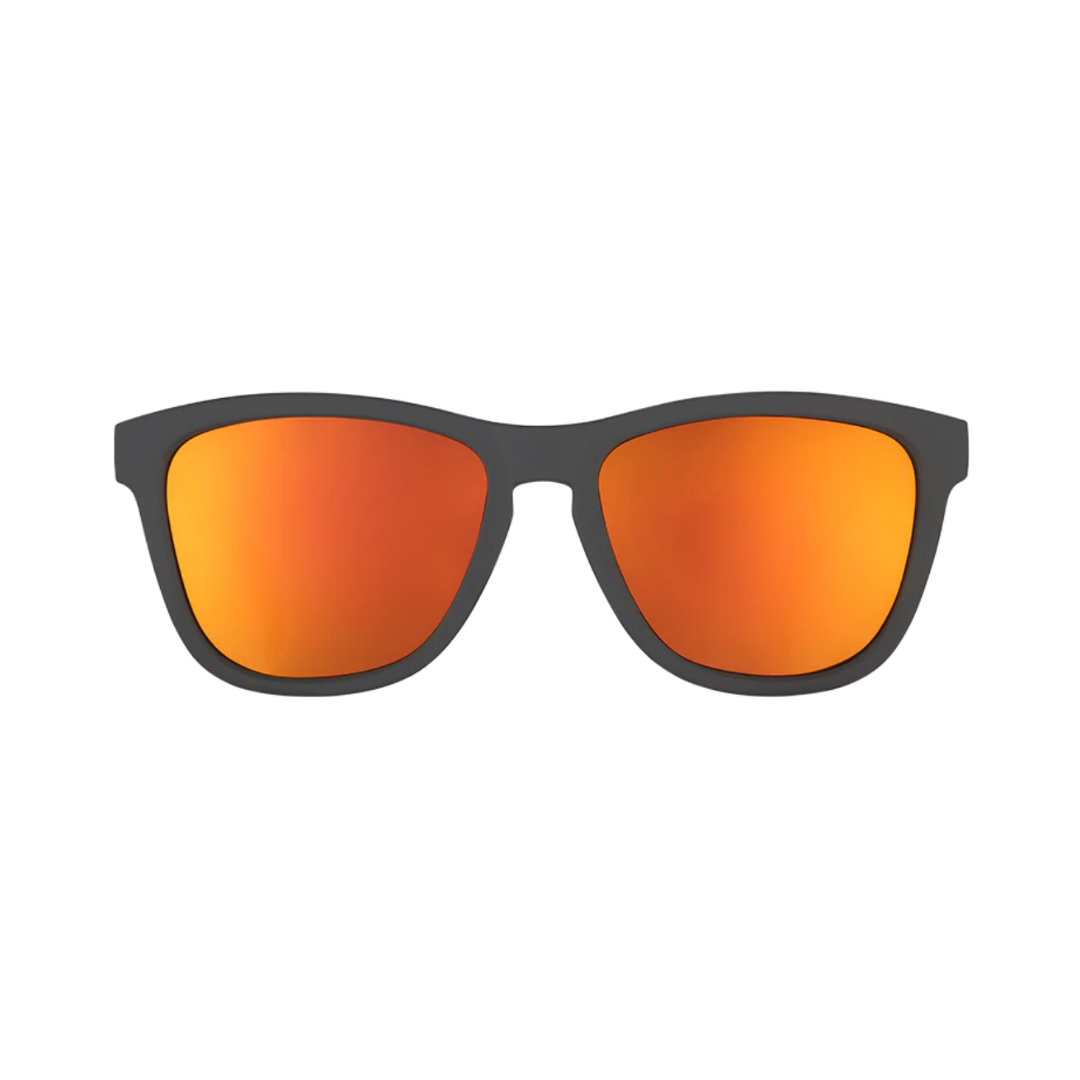 Front View of Unisex Goodr The OG Sunglasses Whiskey Shots with Satan in Red and Black – featuring classic full-rim frame for bold style, polarized lenses for glare protection, and lightweight construction for comfortable wear.