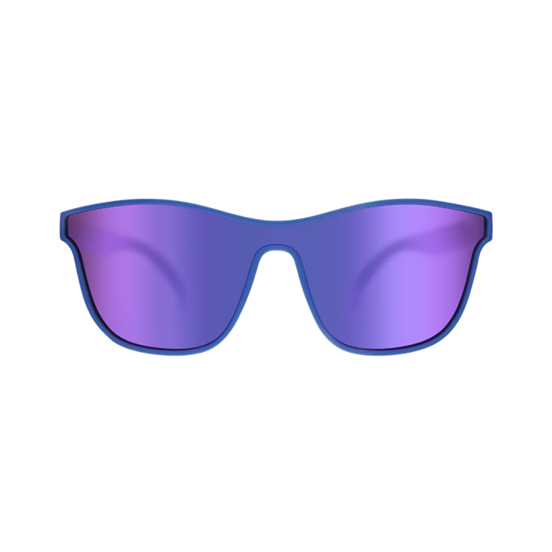 Front View of Unisex Goodr VRG Sunglasses in Best Dystopia Ever colorway – featuring futuristic wraparound frame for enhanced coverage, polarized lenses for glare reduction, and lightweight build for all-day comfort.