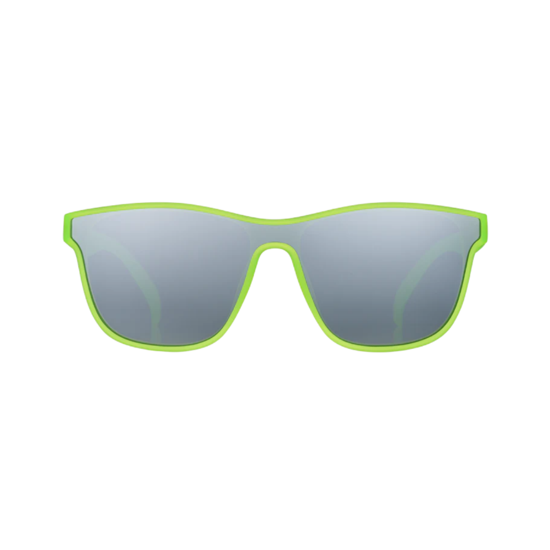 Front View of Unisex Goodr VRG Sunglasses in Naeon Flux Capacitor colorway – featuring vibrant wraparound frame for a bold look, polarized lenses for glare protection, and lightweight construction for active wear.