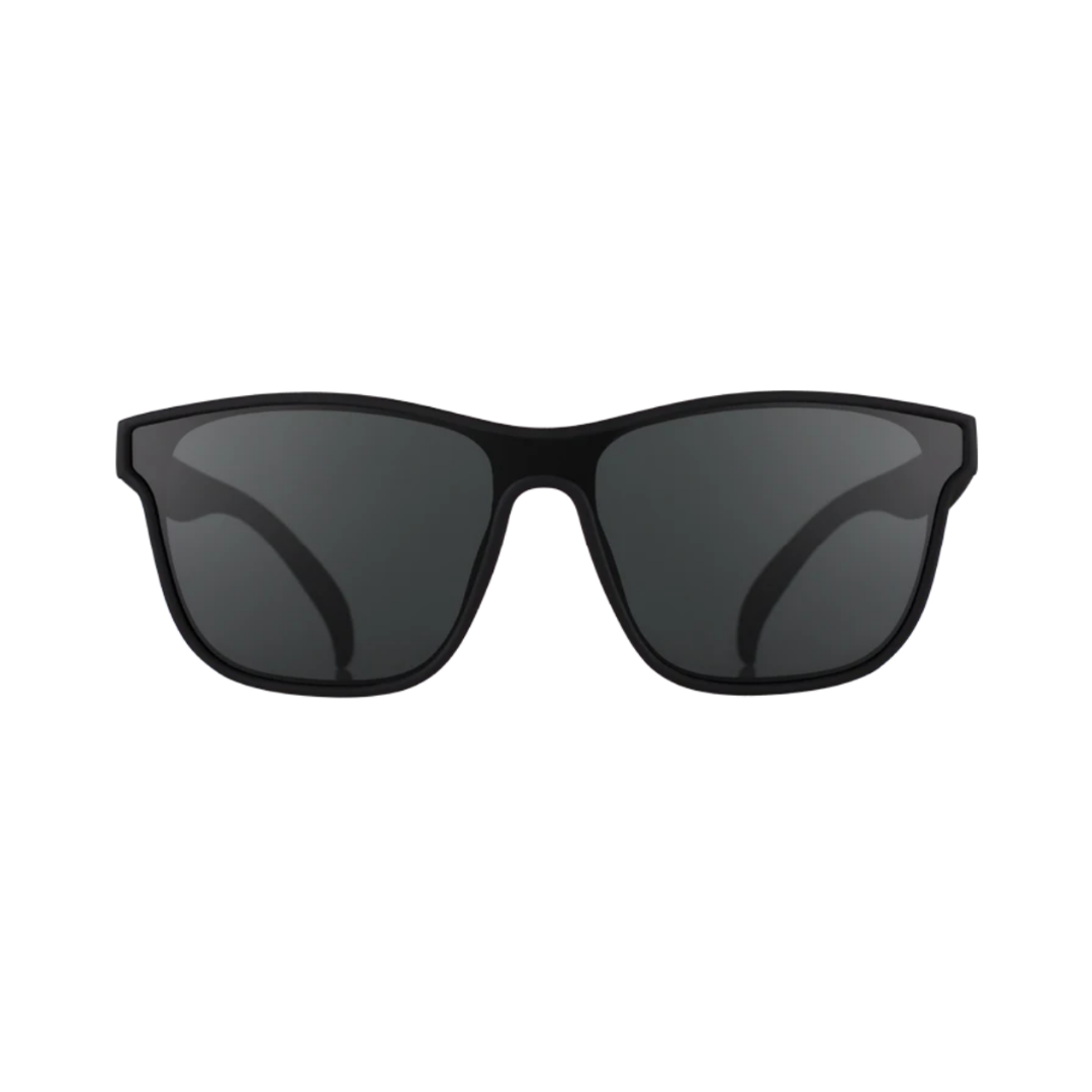 Front View of Unisex Goodr VRG Sunglasses in The Future is Void colorway – featuring sleek wraparound frame for maximum coverage, polarized lenses for glare protection, and lightweight design for comfortable wear.