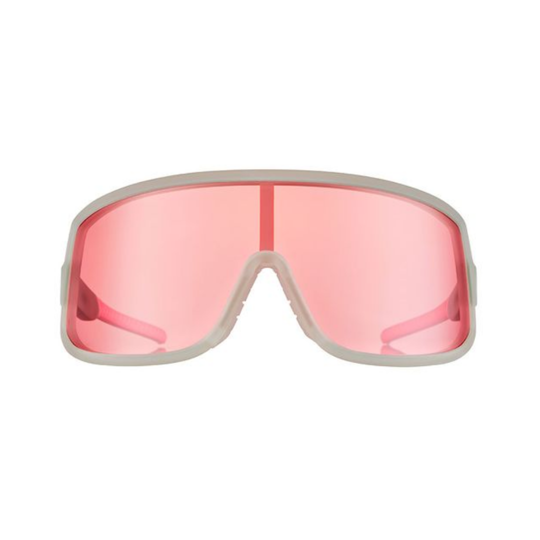 Front View of Unisex Goodr Wrap G Sunglasses Extreme Dumpster Diving  in Pink – featuring aerodynamic wraparound frame for secure fit, polarized lenses for glare reduction, and lightweight construction for all-day comfort.