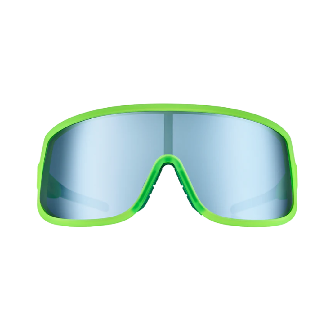 Front View of Unisex Goodr Wrap G Sunglasses in Nuclear Gnar colorway – featuring sporty wraparound frame for active performance, polarized lenses for glare protection, and lightweight design for comfortable wear.