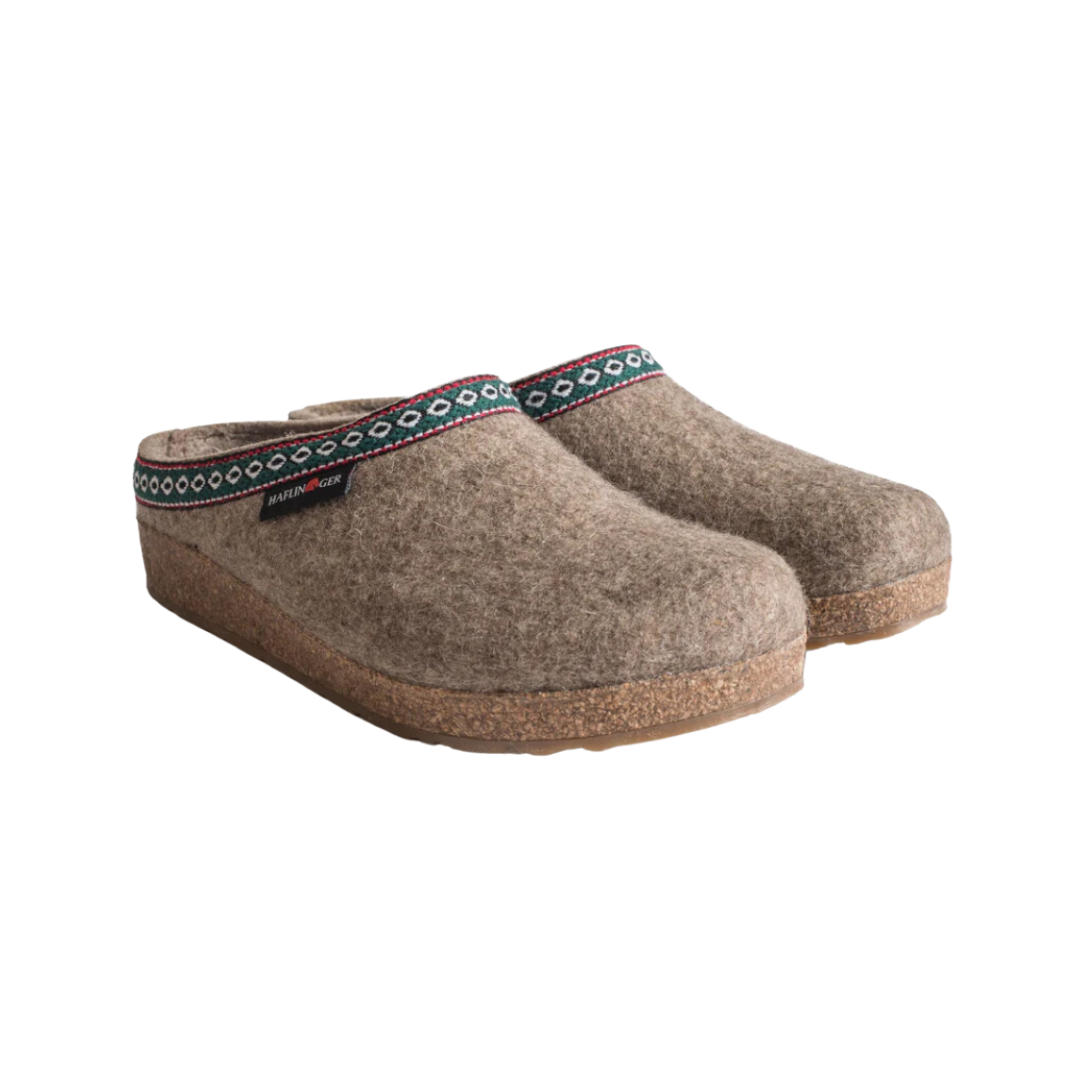 Angled view of Haflinger Women's GZ Grizzly Classic in Earth – featuring cozy wool felt in a natural brown hue, supportive cork-latex midsole, and a non-slip sole crafted for long-lasting comfort, structure, and timeless clog style.