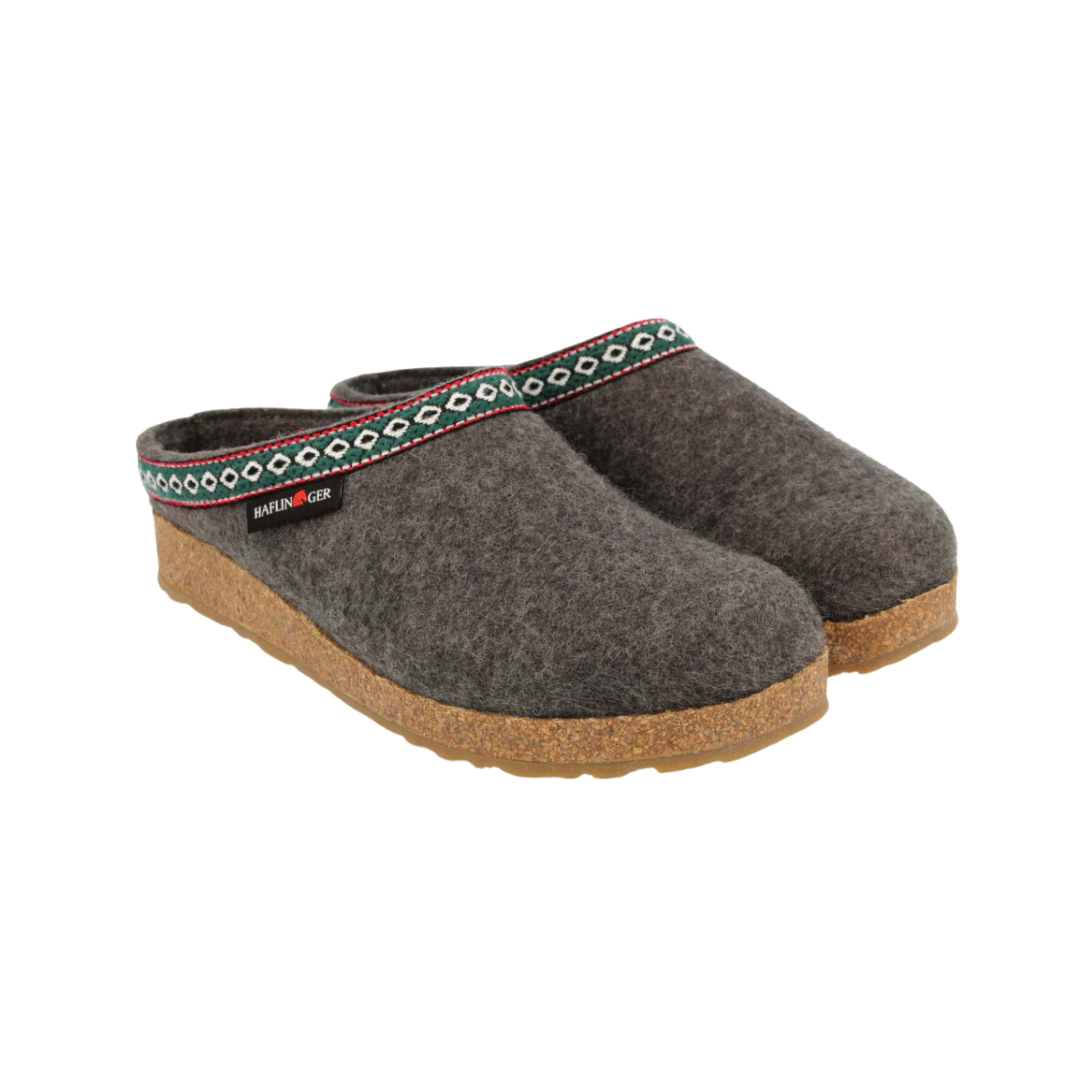 Angled view of Haflinger Women's GZ Grizzly Classic in Grey – featuring a natural wool felt upper in versatile grey, molded cork-latex footbed, and a non-slip sole designed for long-lasting support, warmth, and timeless clog style.