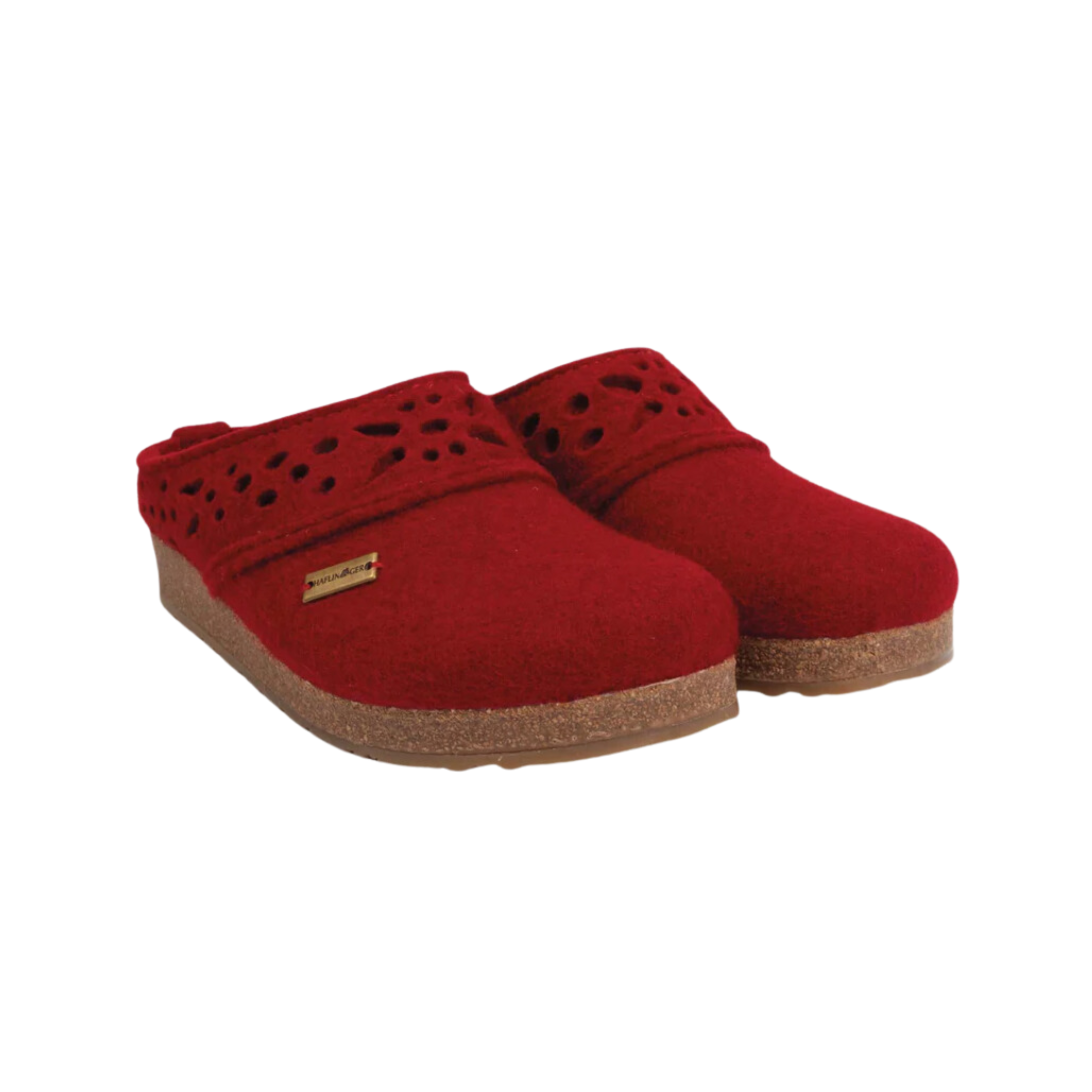 Angled view of Haflinger Women's GZ Lacey in Chili – featuring a soft wool felt upper in a rich red hue, charming lace trim, contoured footbed for lasting support, and a sturdy outsole for everyday comfort with a touch of elegance.