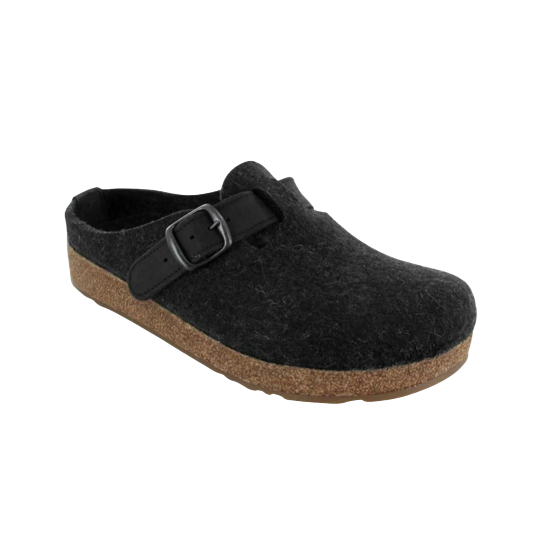 Angled view of Haflinger Women's GZB Clog in Charcoal – featuring a cozy wool felt upper in a deep grey tone, adjustable metal buckle, supportive cork-latex footbed, and sturdy outsole designed for long-lasting comfort and stability.