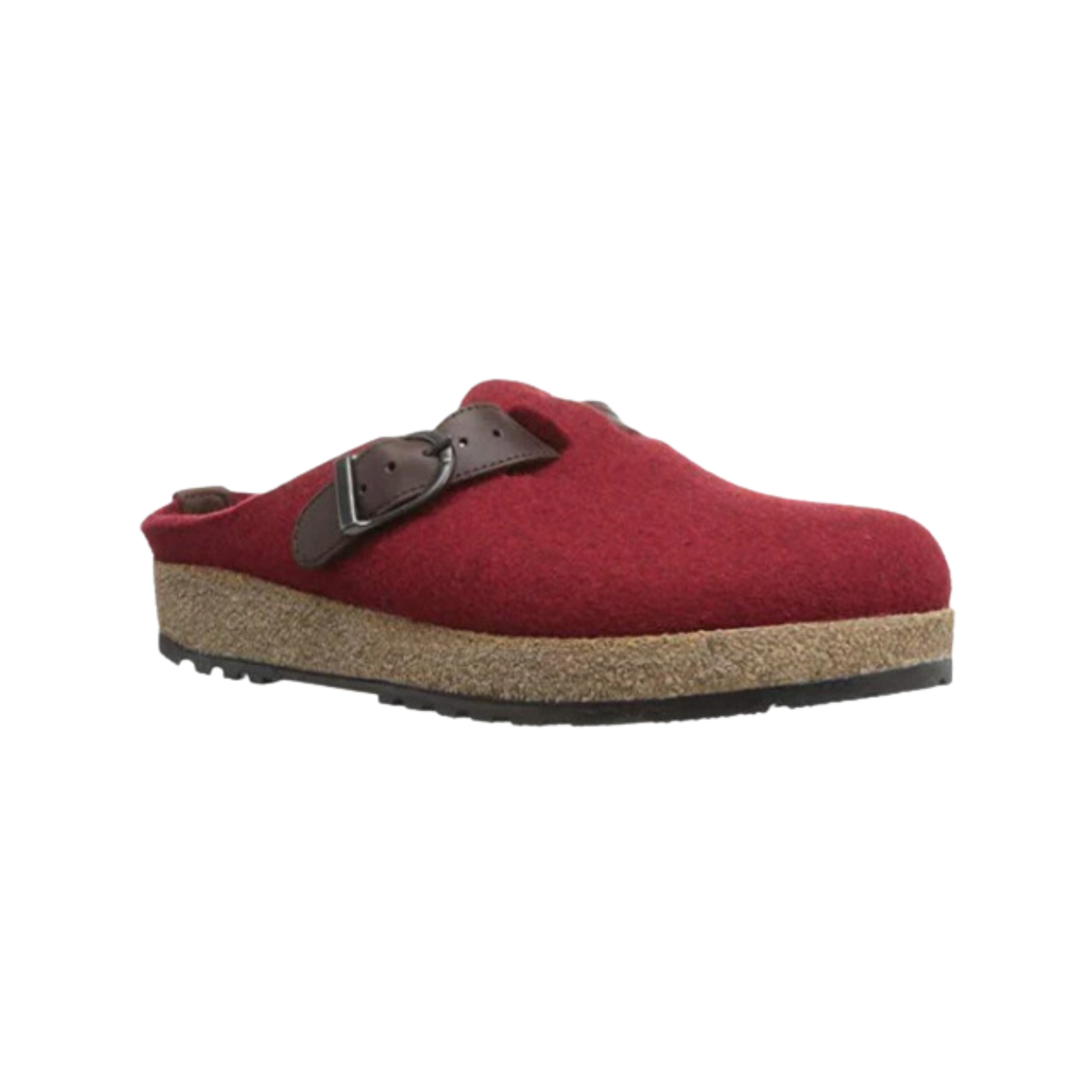 Side view of Haflinger Women's GZB in Chili – featuring a vibrant chili red wool felt upper, supportive cork-latex midsole, and adjustable buckle strap across the instep for a customized and stable fit.