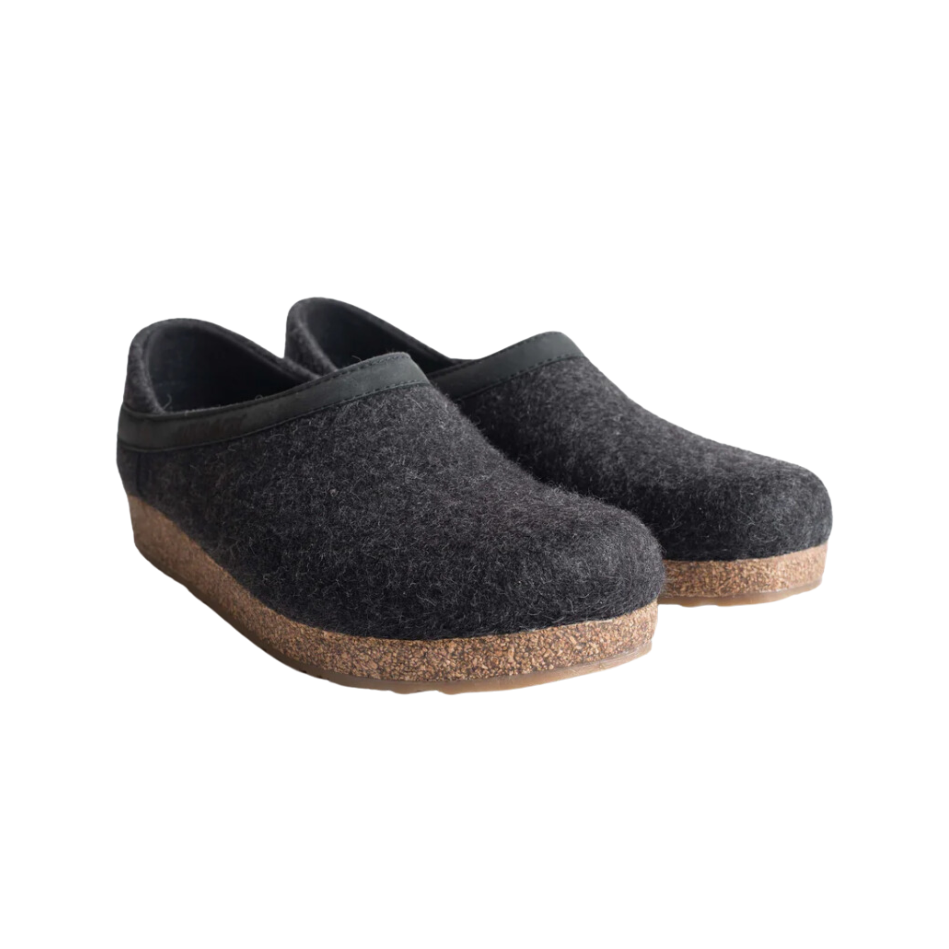 Angled view of Haflinger Women's GZH in Charcoal – featuring cozy charcoal grey wool, an adjustable closure for personalized fit, a supportive cork-latex footbed, and a durable sole designed for all-day indoor comfort with added structure.
