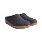 Angled view of Haflinger Men's GZL Grizzly in Charcoal – featuring a premium wool felt upper with stitched leather trim, ergonomic cork-latex footbed, and non-slip sole crafted for year-round comfort and support.