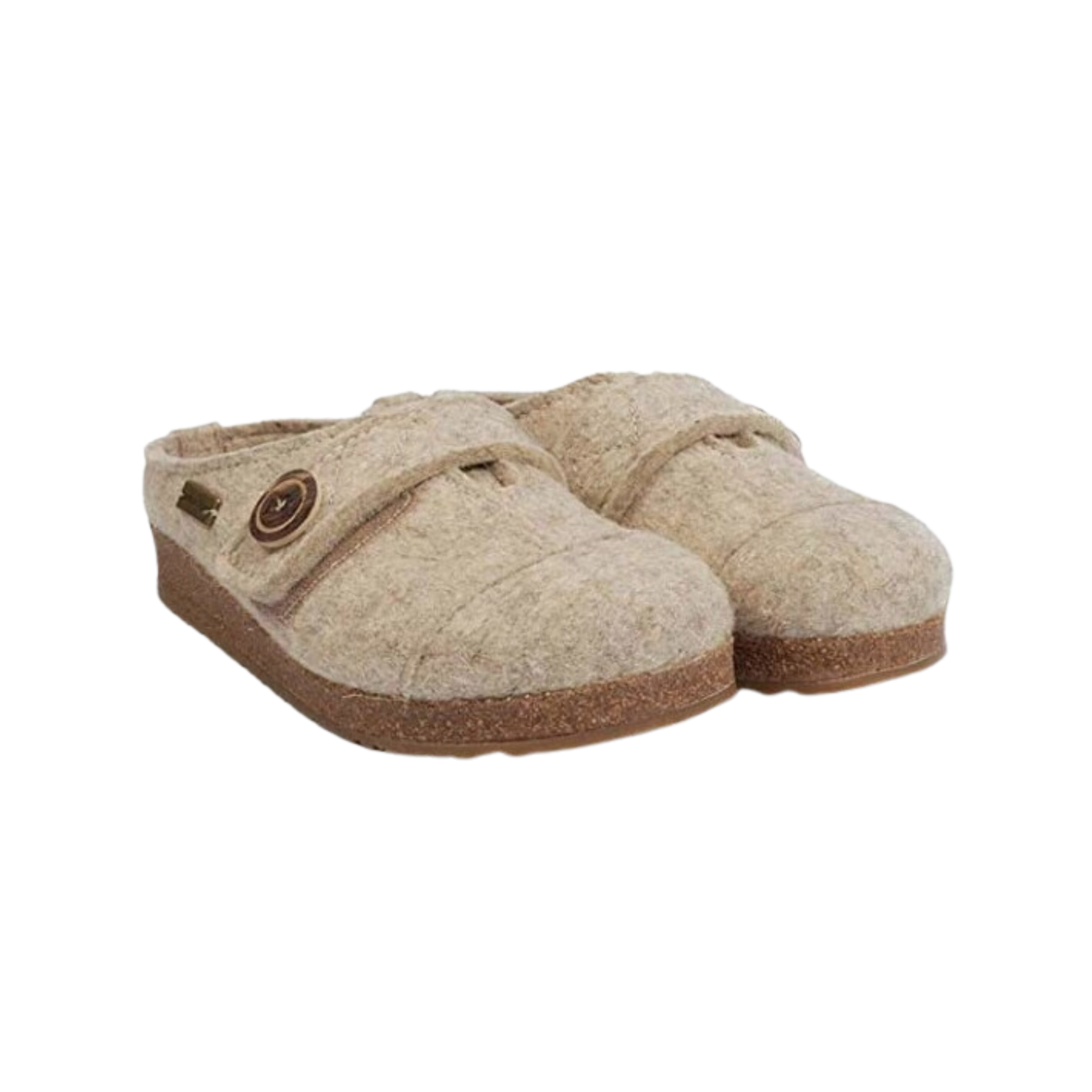 Angled view of Haflinger Women's Hanna in Earth – featuring a warm brown wool upper, cushioned insole, and supportive structure designed for breathable, cozy, and effortless at-home wear.