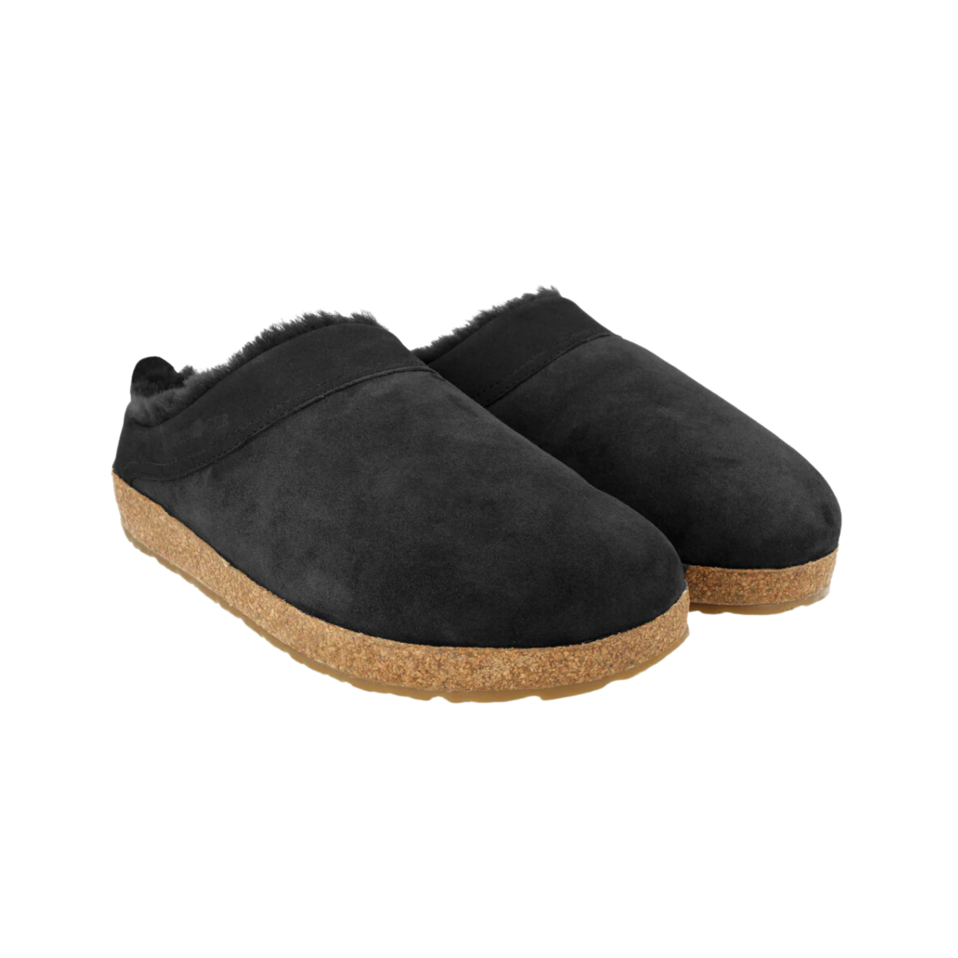 Angled view of Haflinger Women's Snowbird in Black – featuring premium black leather, cozy shearling lining, contoured cork-latex midsole, and durable sole built for warmth, support, and cold-weather comfort.