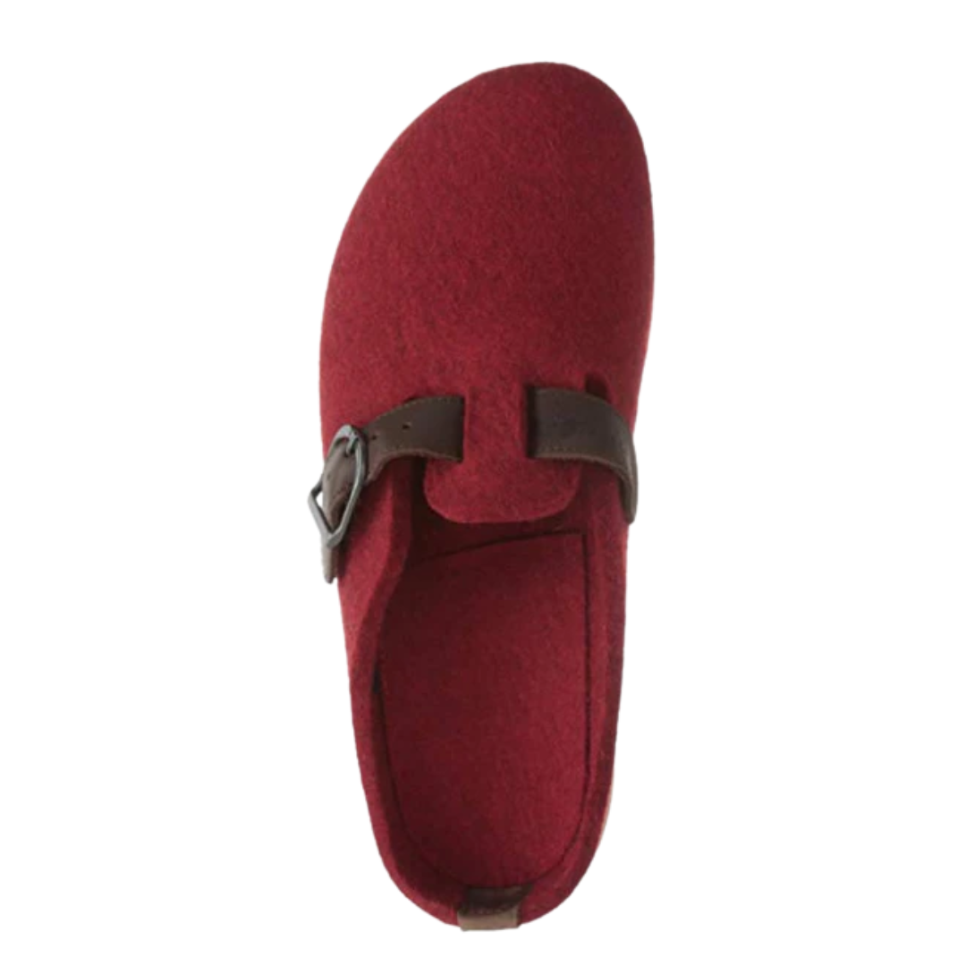 Top view of Haflinger Women's GZB in Chili – featuring a rich red wool felt upper, adjustable instep strap with metal buckle, and anatomically shaped cork-latex footbed designed for breathable comfort and secure fit.